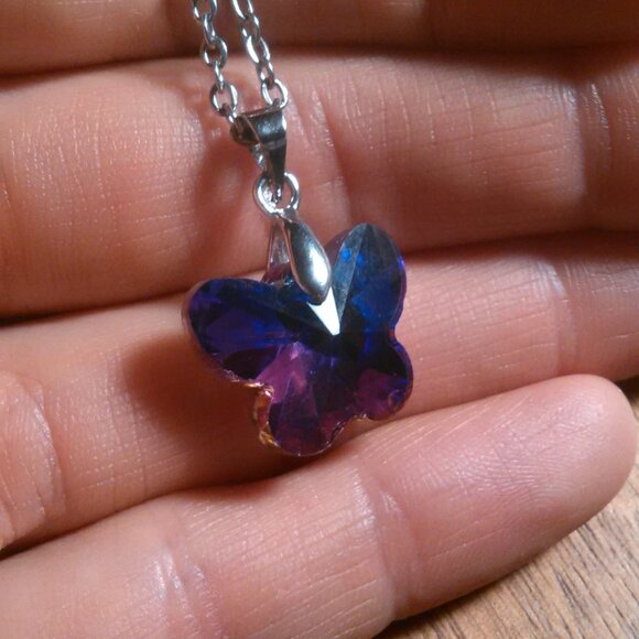 Magic Color Crystal Butterfly Brass Pendant Stainless Steel Necklace - Picture 10 of 16